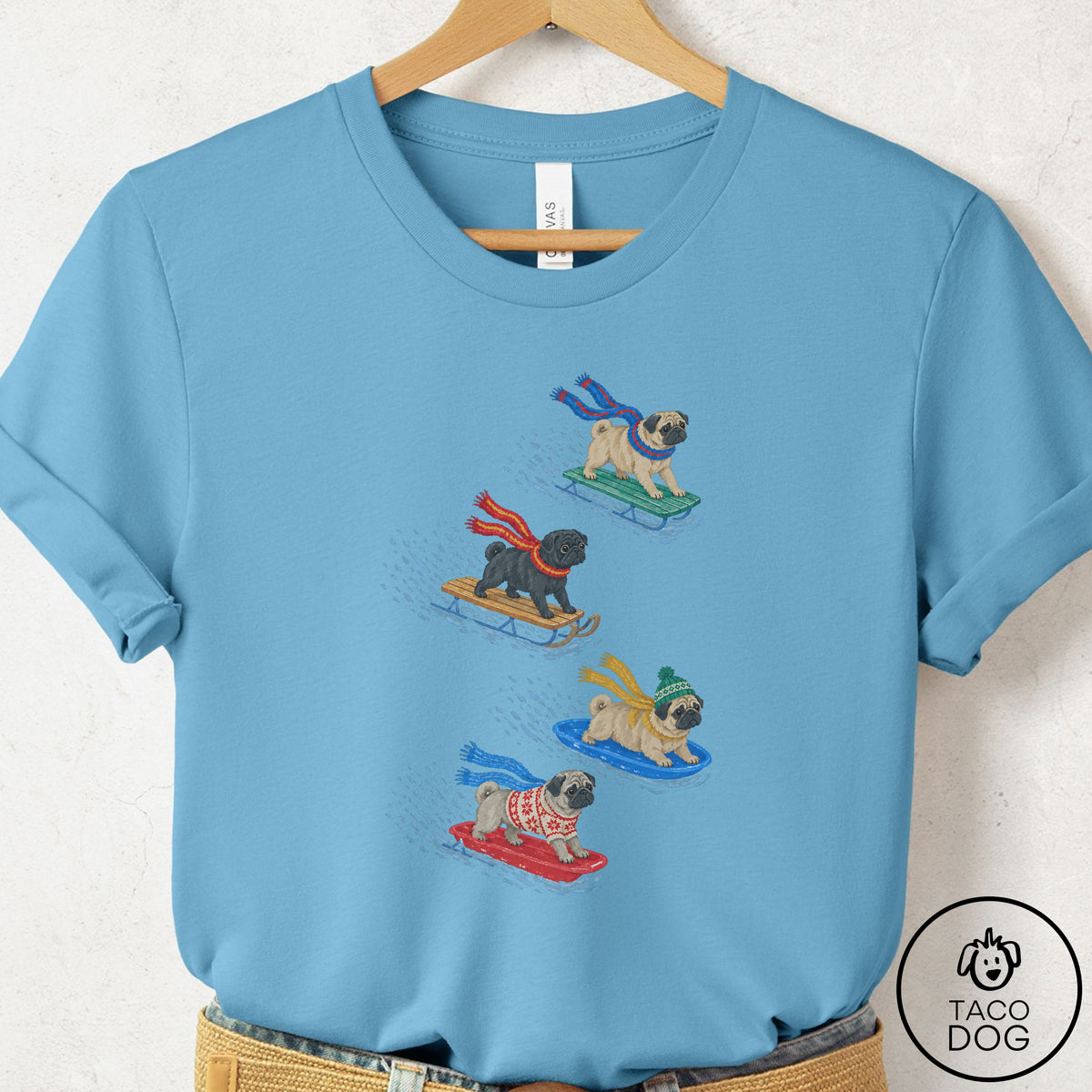 Pug Sledding T-Shirt Ocean Blue Taco-Dog