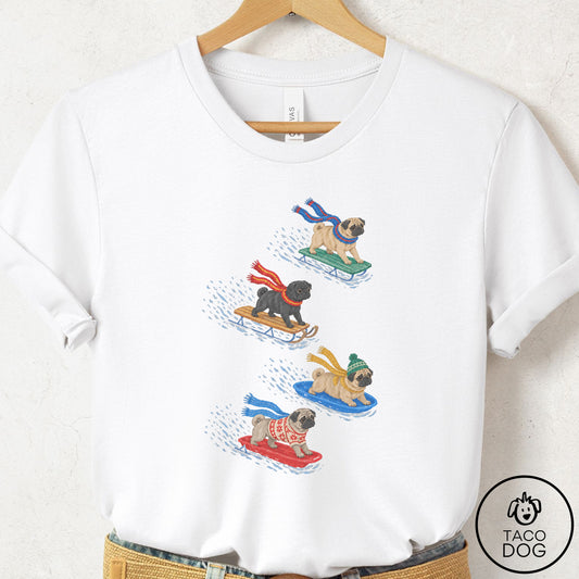 Pug Sledding T-Shirt White Taco-Dog