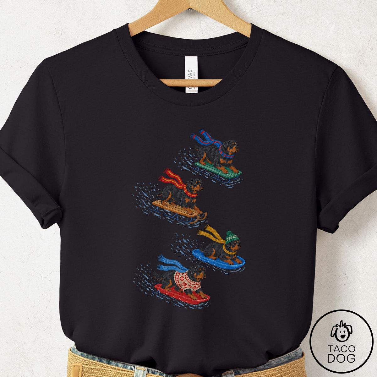 Rottweiler Sledding T-Shirt Black Taco-Dog