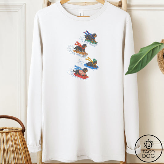 Rottweiler Sledding Long Sleeve Tee White Taco-Dog