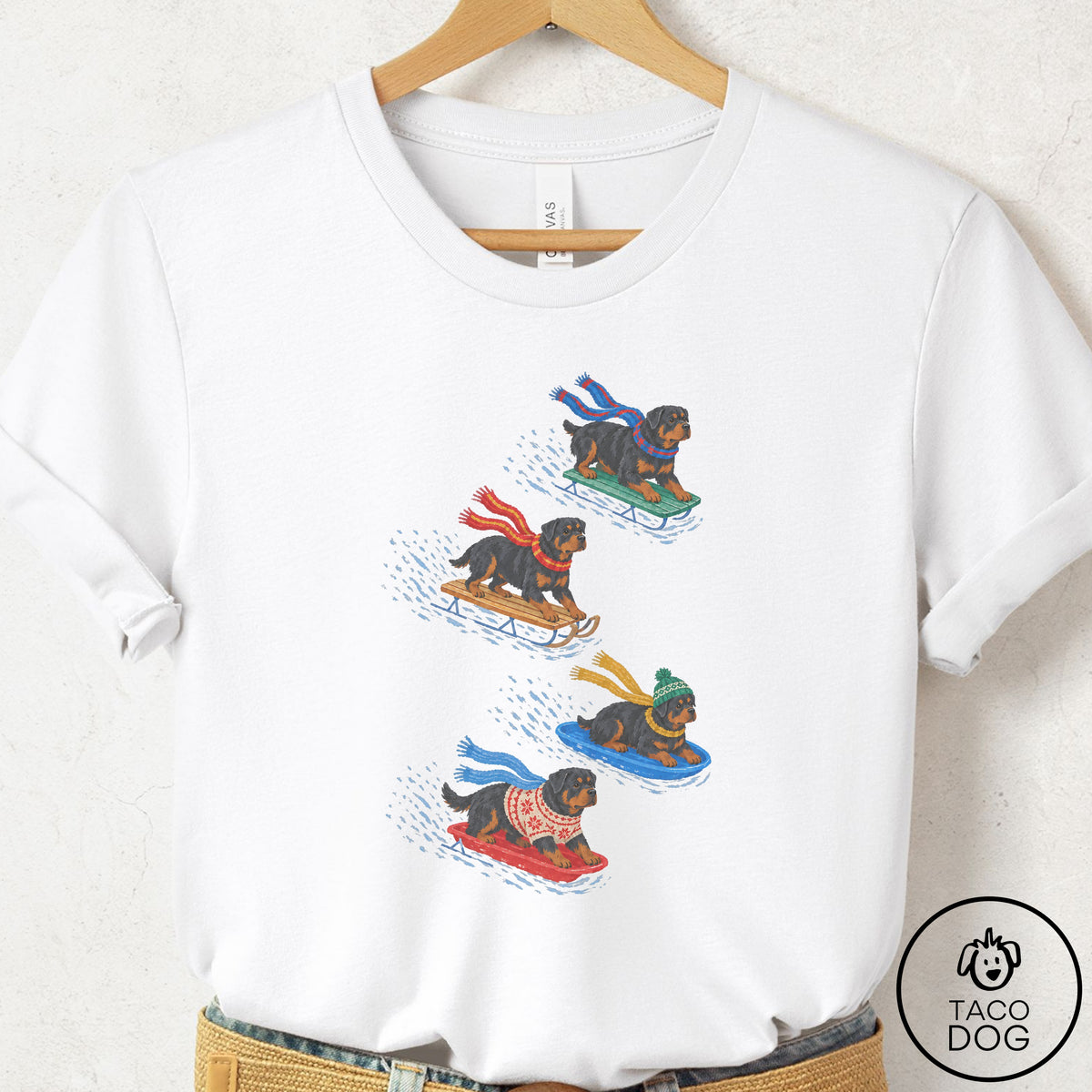 Rottweiler Sledding T-Shirt White Taco-Dog