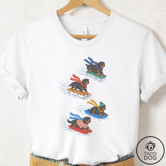 Rottweiler Sledding T-Shirt White Taco-Dog