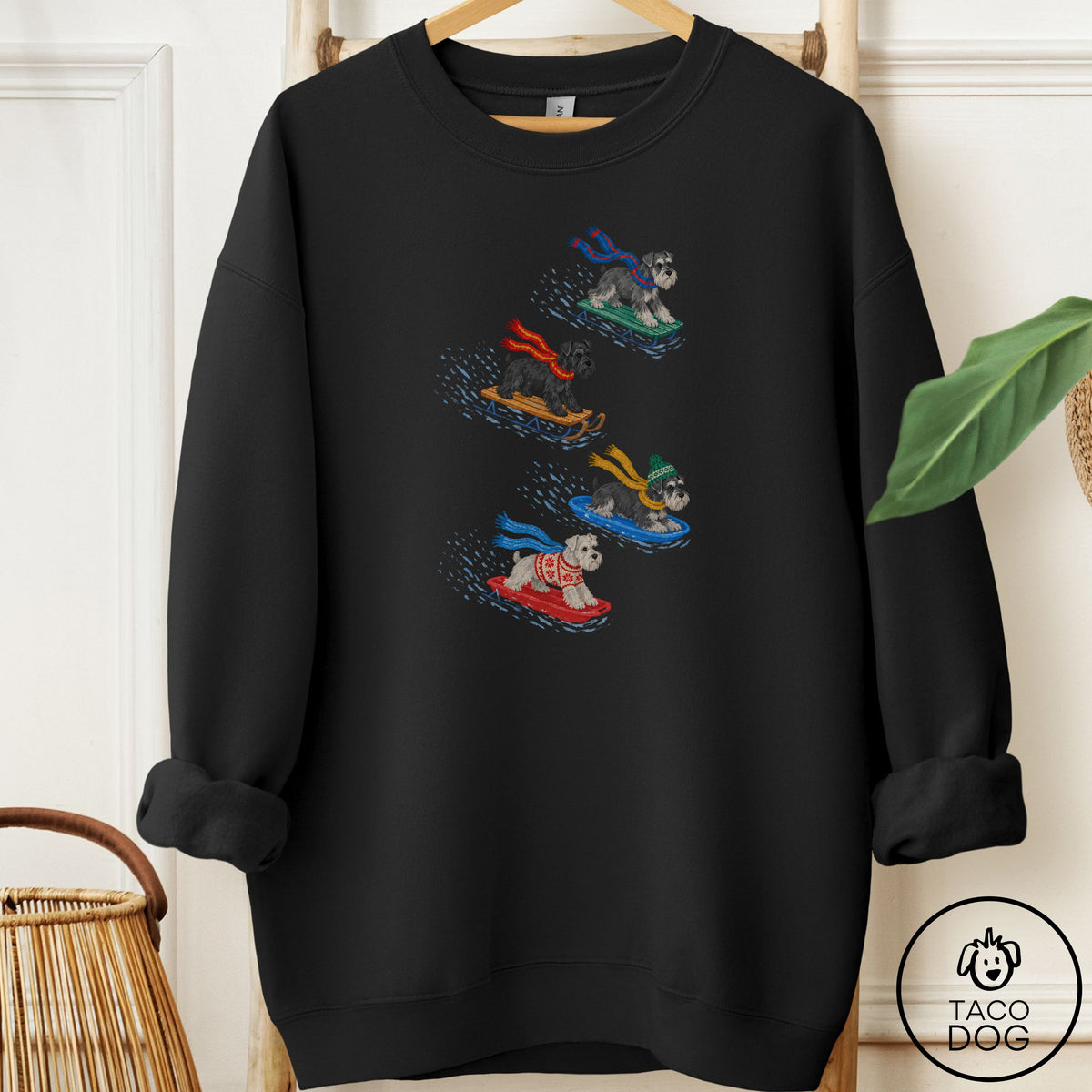 Schnauzer Sledding Sweatshirt Black Taco-Dog