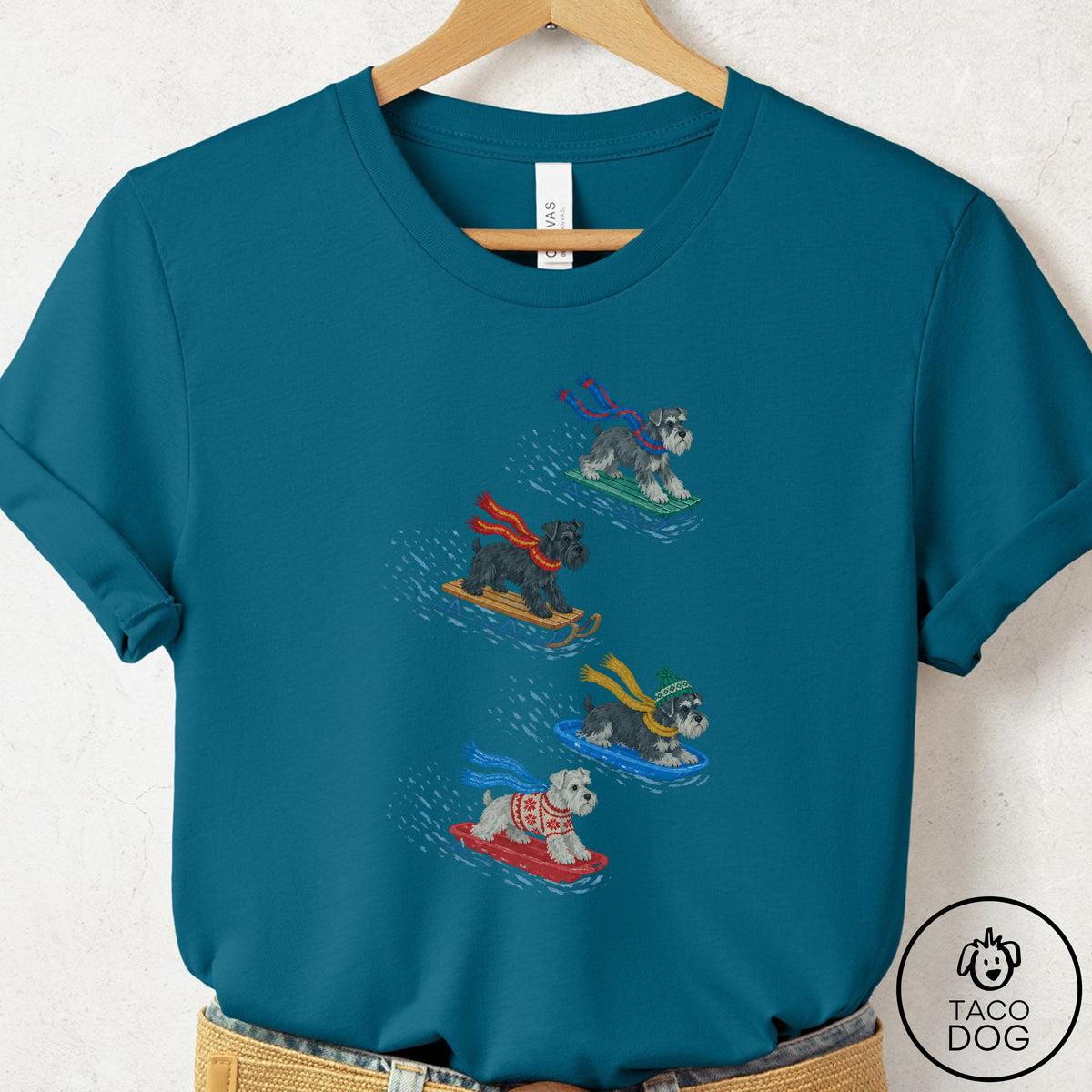 Schnauzer Sledding T-Shirt Deep Teal Taco-Dog