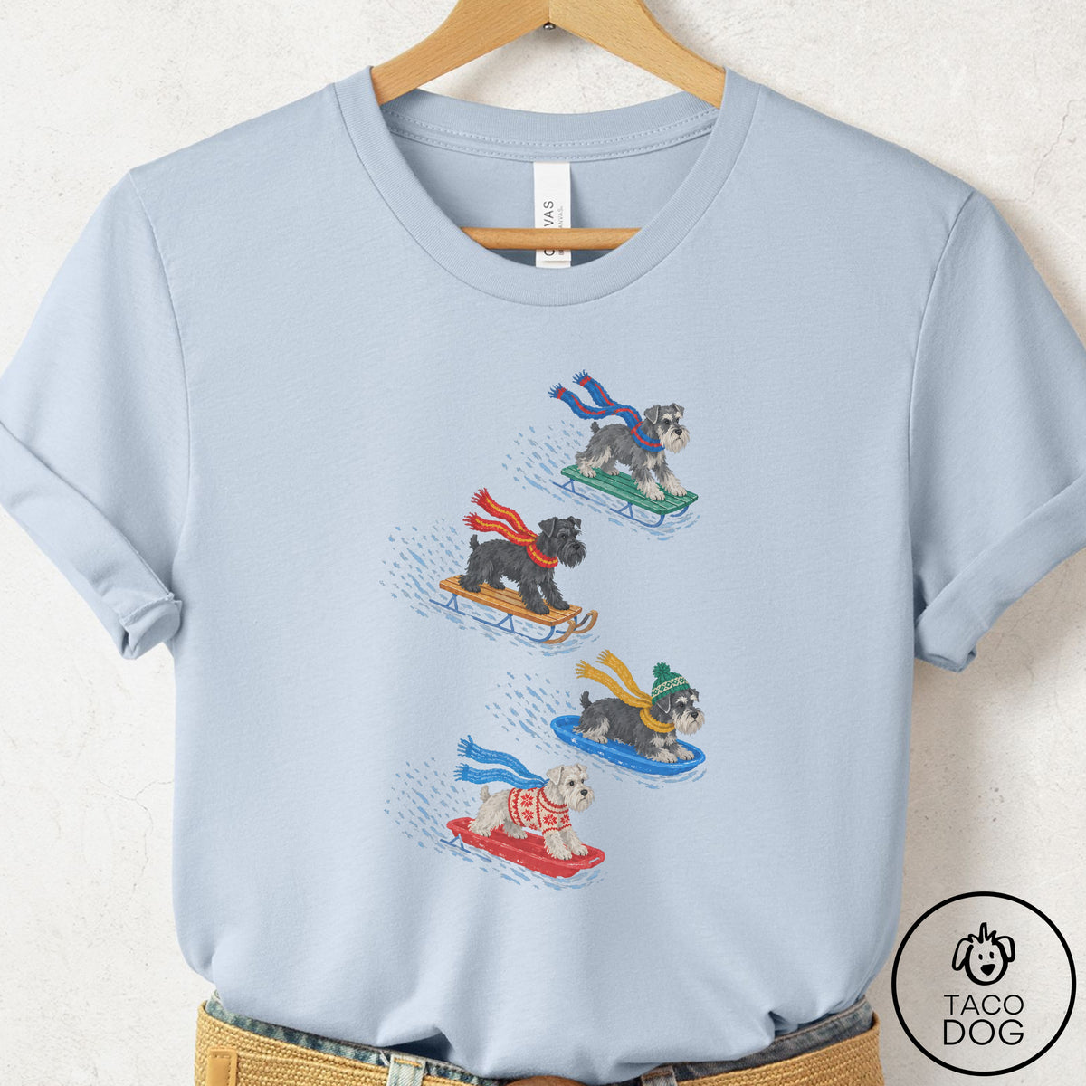 Schnauzer Sledding T-Shirt Light Blue Taco-Dog