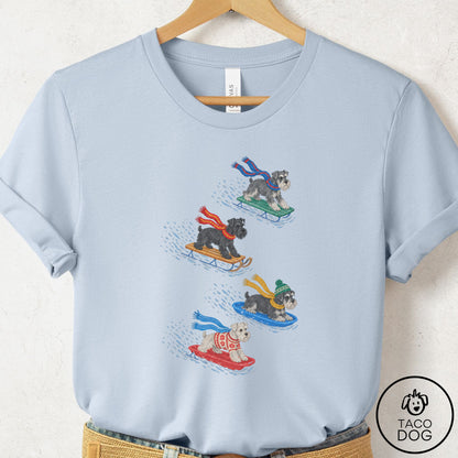 Schnauzer Sledding T-Shirt Light Blue Taco-Dog