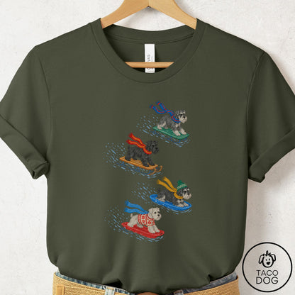 Schnauzer Sledding T-Shirt Military Green Taco-Dog