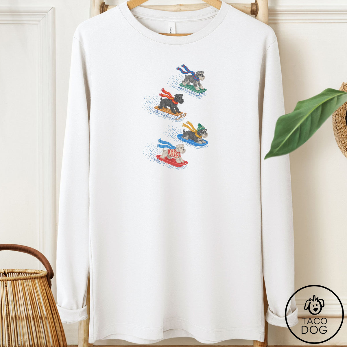 Schnauzer Sledding Long Sleeve Tee White Taco-Dog