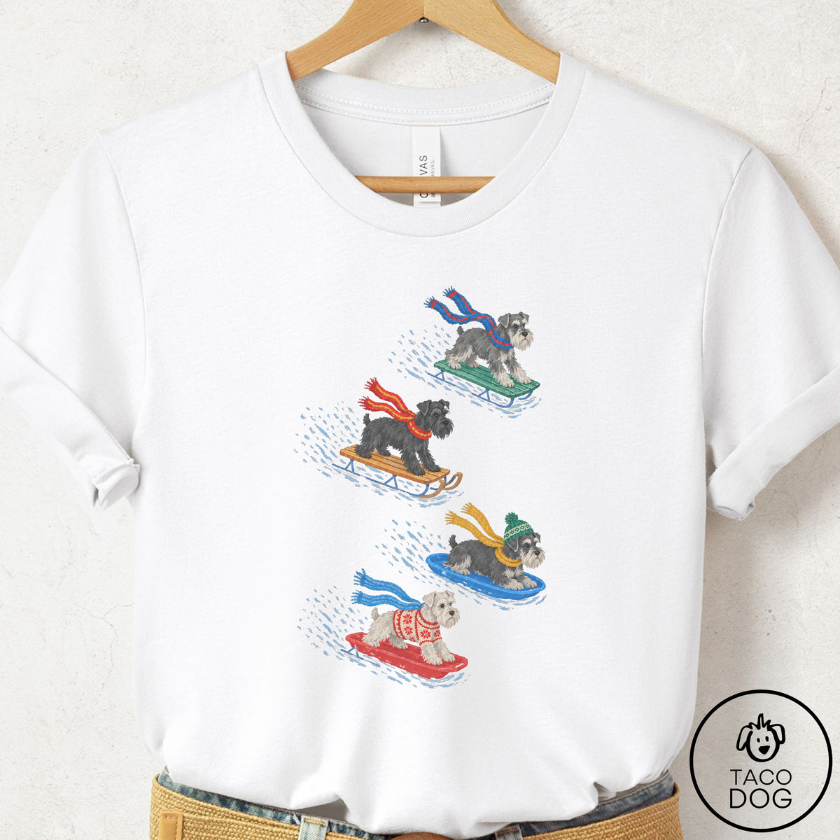 Schnauzer Sledding T-Shirt White Taco-Dog