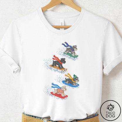 Schnauzer Sledding T-Shirt White Taco-Dog