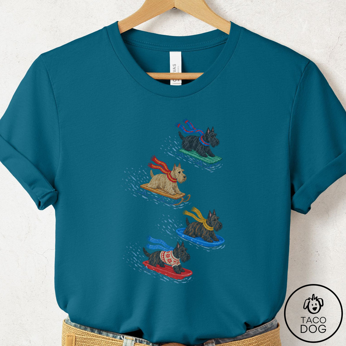 Scottie Sledding T-Shirt Deep Teal Taco-Dog