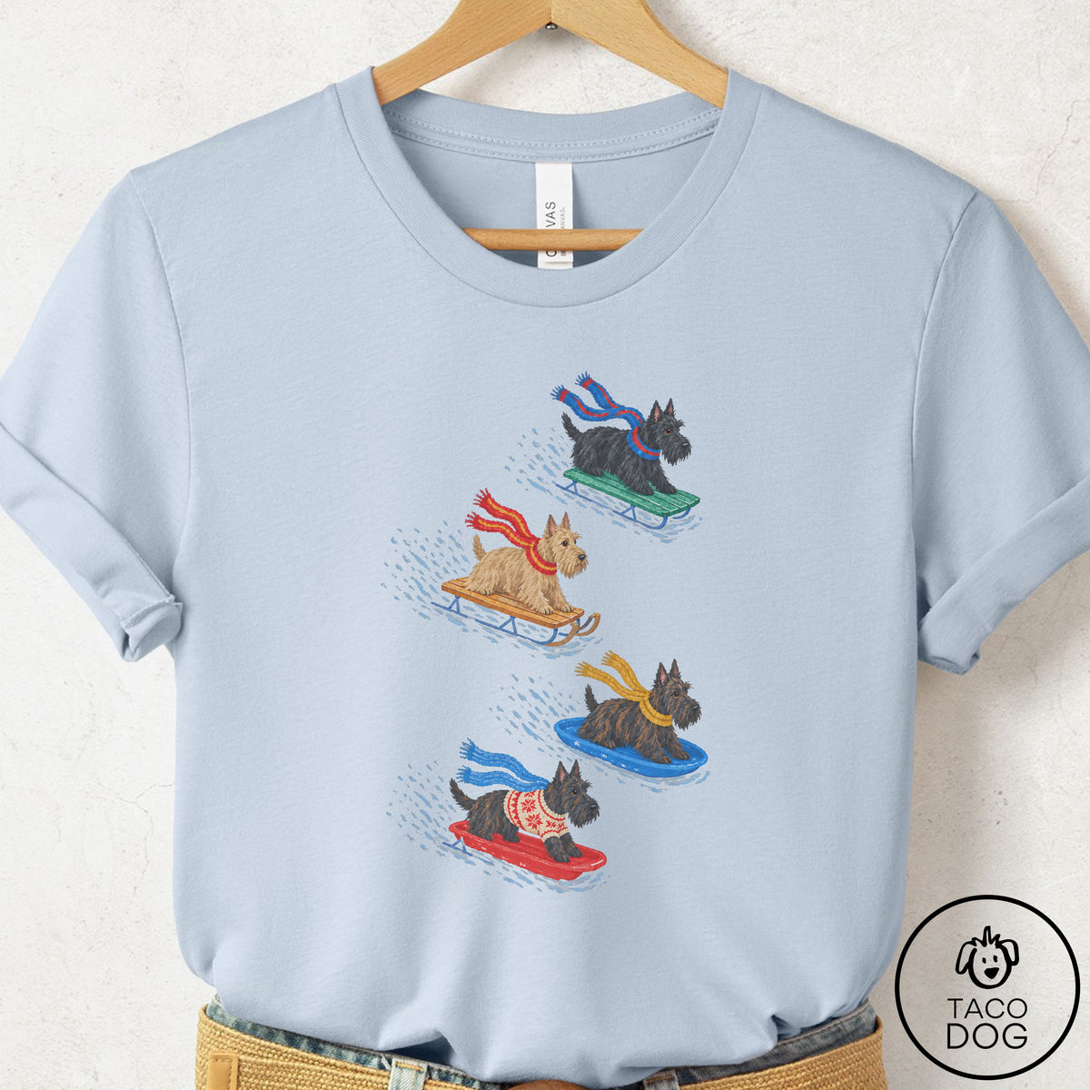 Scottie Sledding T-Shirt Light Blue Taco-Dog