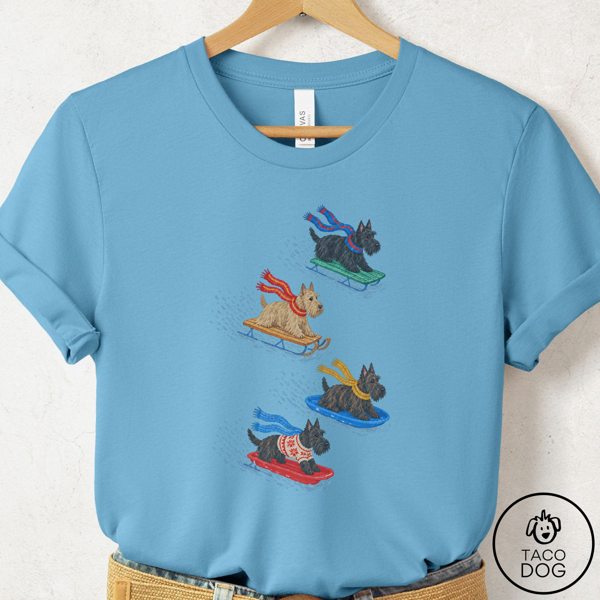 Scottie Sledding T-Shirt Ocean Blue Taco-Dog