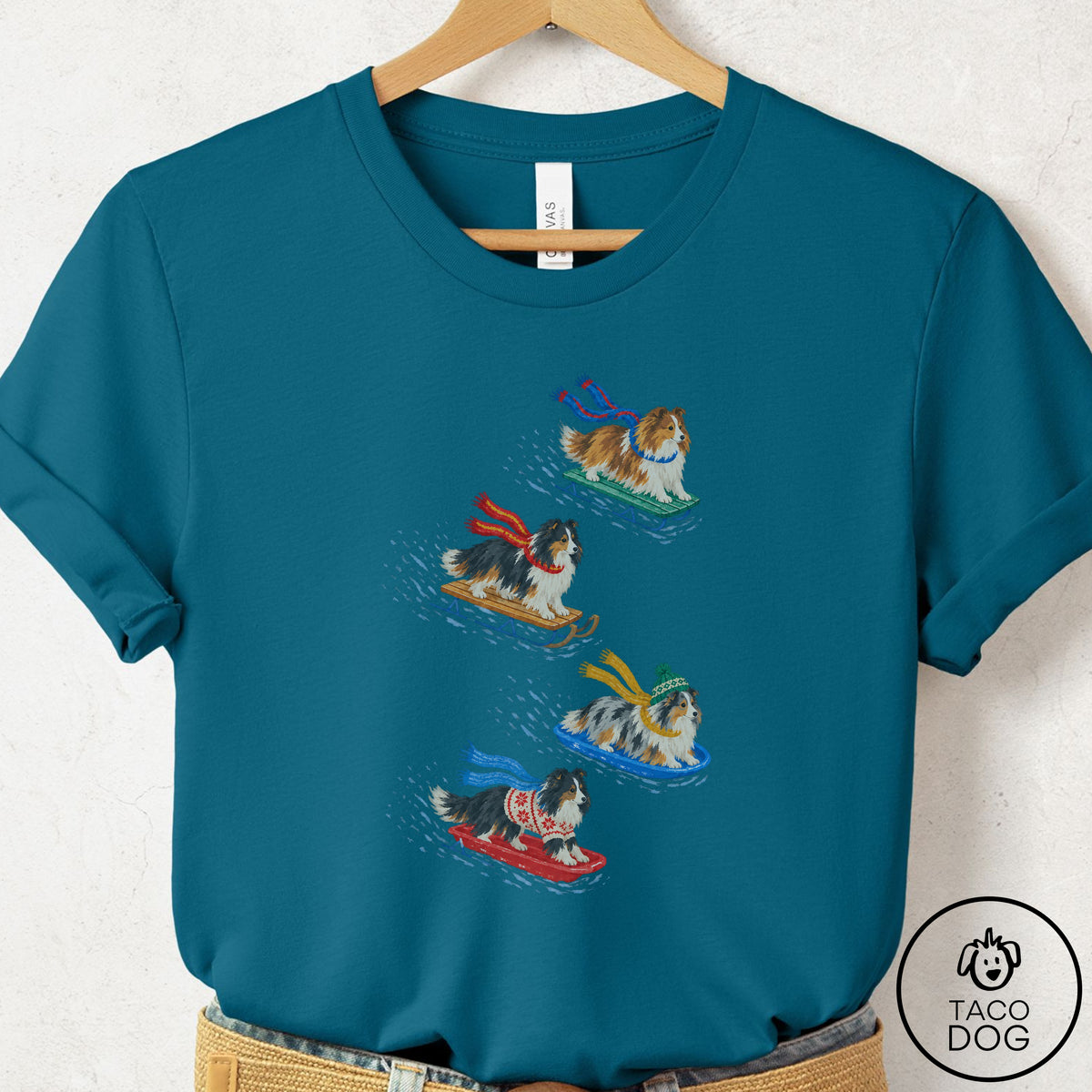 Shetland Sheepdog Sledding T-Shirt Deep Teal Taco-Dog