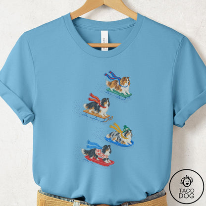 Shetland Sheepdog Sledding T-Shirt Ocean Blue Taco-Dog