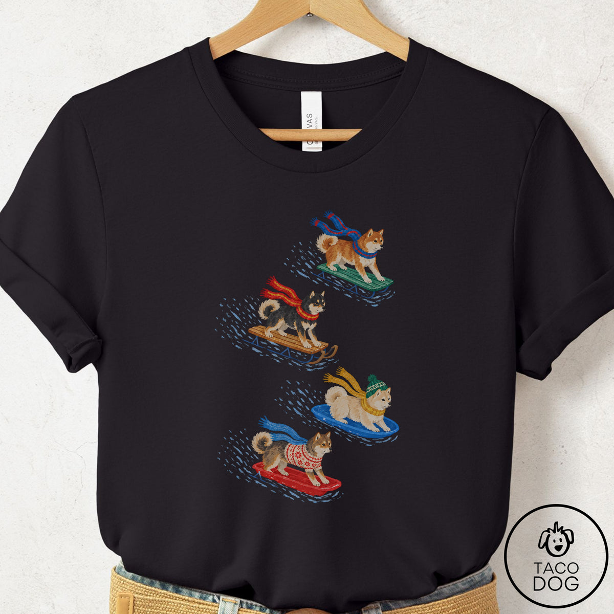 Shiba Inu Sledding T-Shirt Black Taco-Dog
