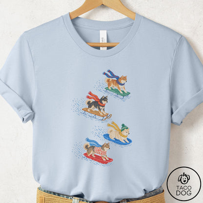 Shiba Inu Sledding T-Shirt Light Blue Taco-Dog