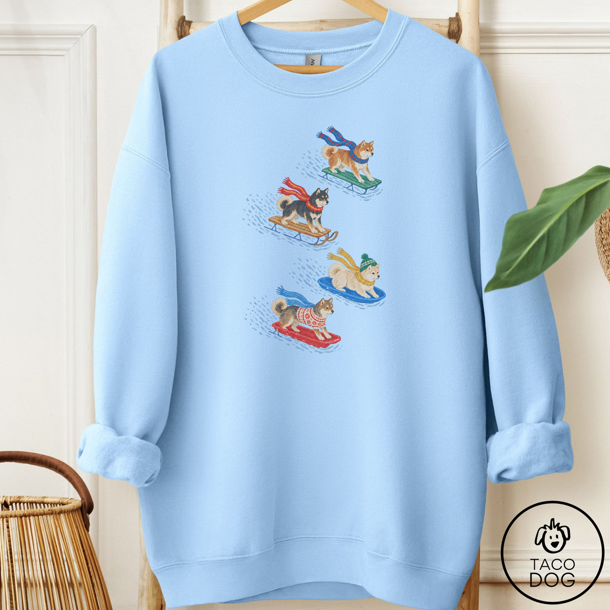 Shiba Inu Sledding Sweatshirt Light Blue Taco-Dog