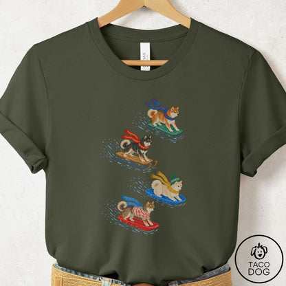 Shiba Inu Sledding T-Shirt Military Green Taco-Dog