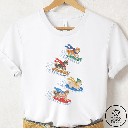 Shiba Inu Sledding T-Shirt White Taco-Dog