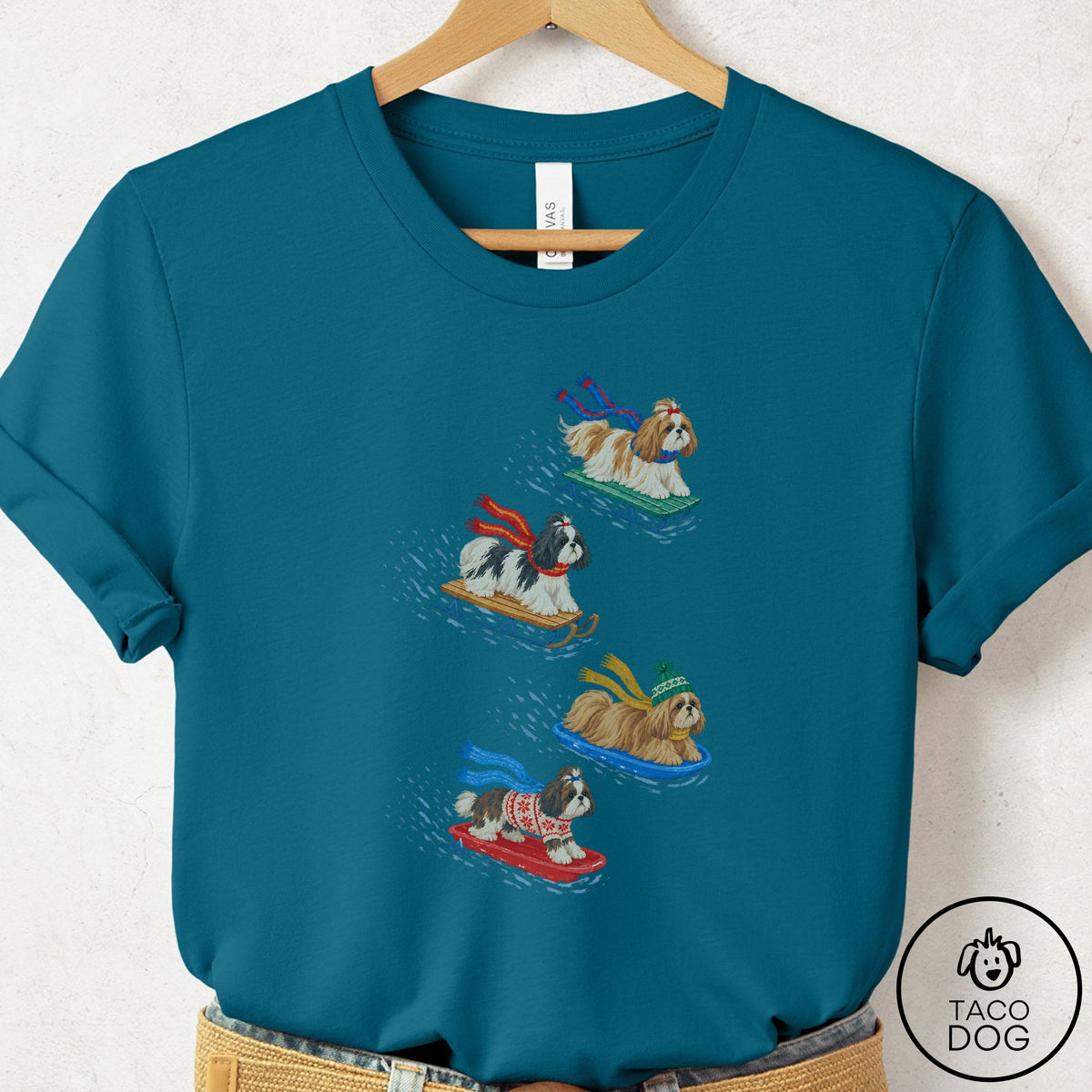 Shih Tzu Sledding T-Shirt Deep Teal Taco-Dog