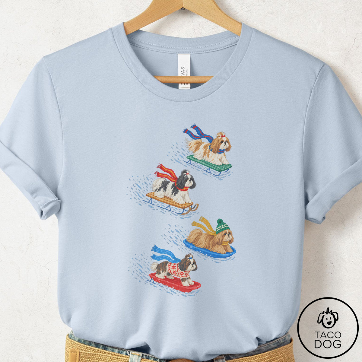 Shih Tzu Sledding T-Shirt Light Blue Taco-Dog