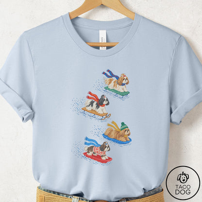 Shih Tzu Sledding T-Shirt Light Blue Taco-Dog