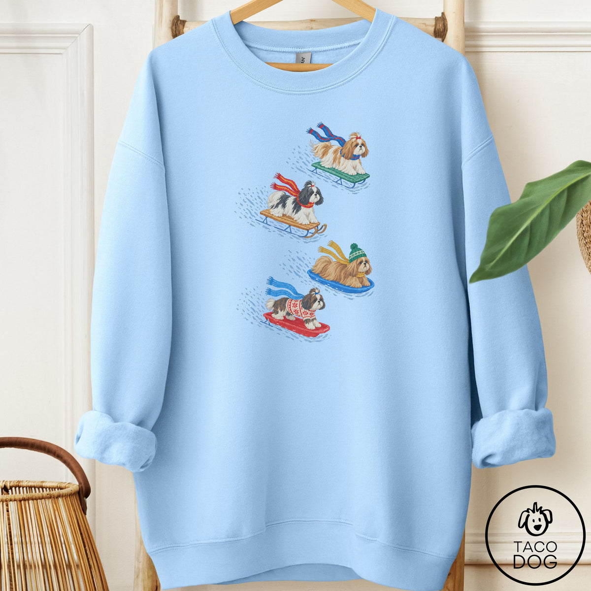 Shih Tzu Sledding Sweatshirt Light Blue Taco-Dog