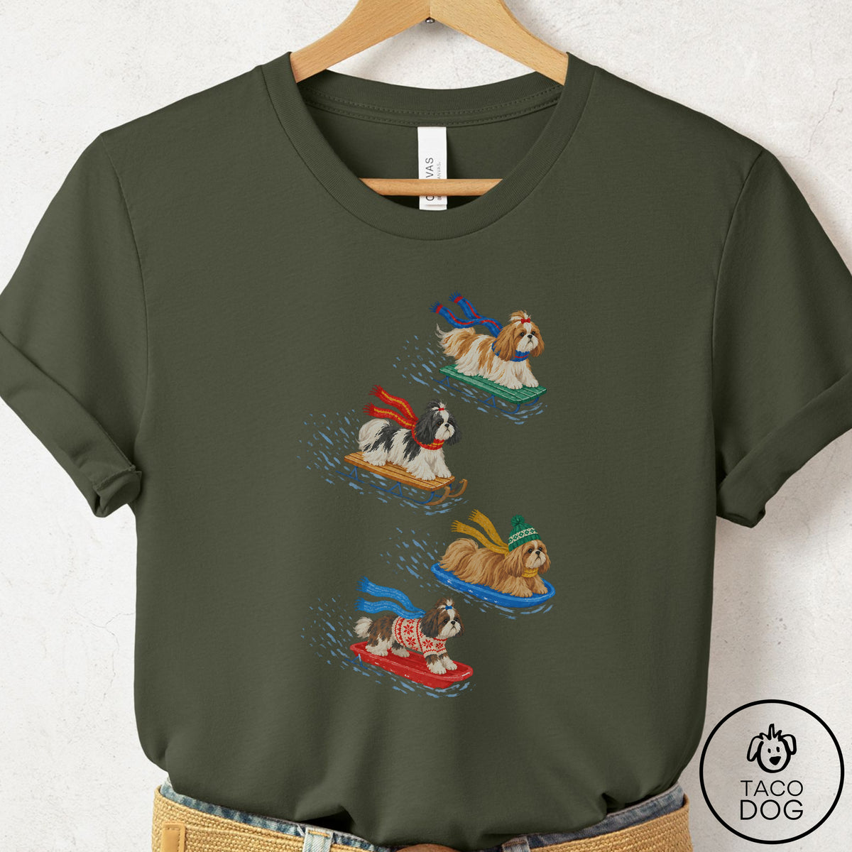 Shih Tzu Sledding T-Shirt Military Green Taco-Dog