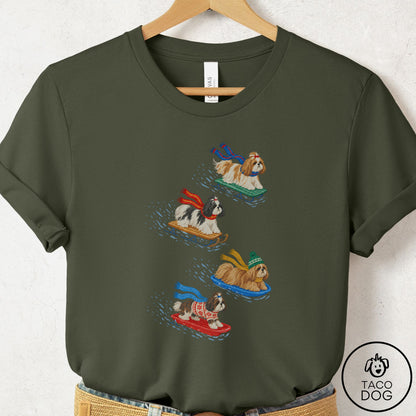 Shih Tzu Sledding T-Shirt Military Green Taco-Dog