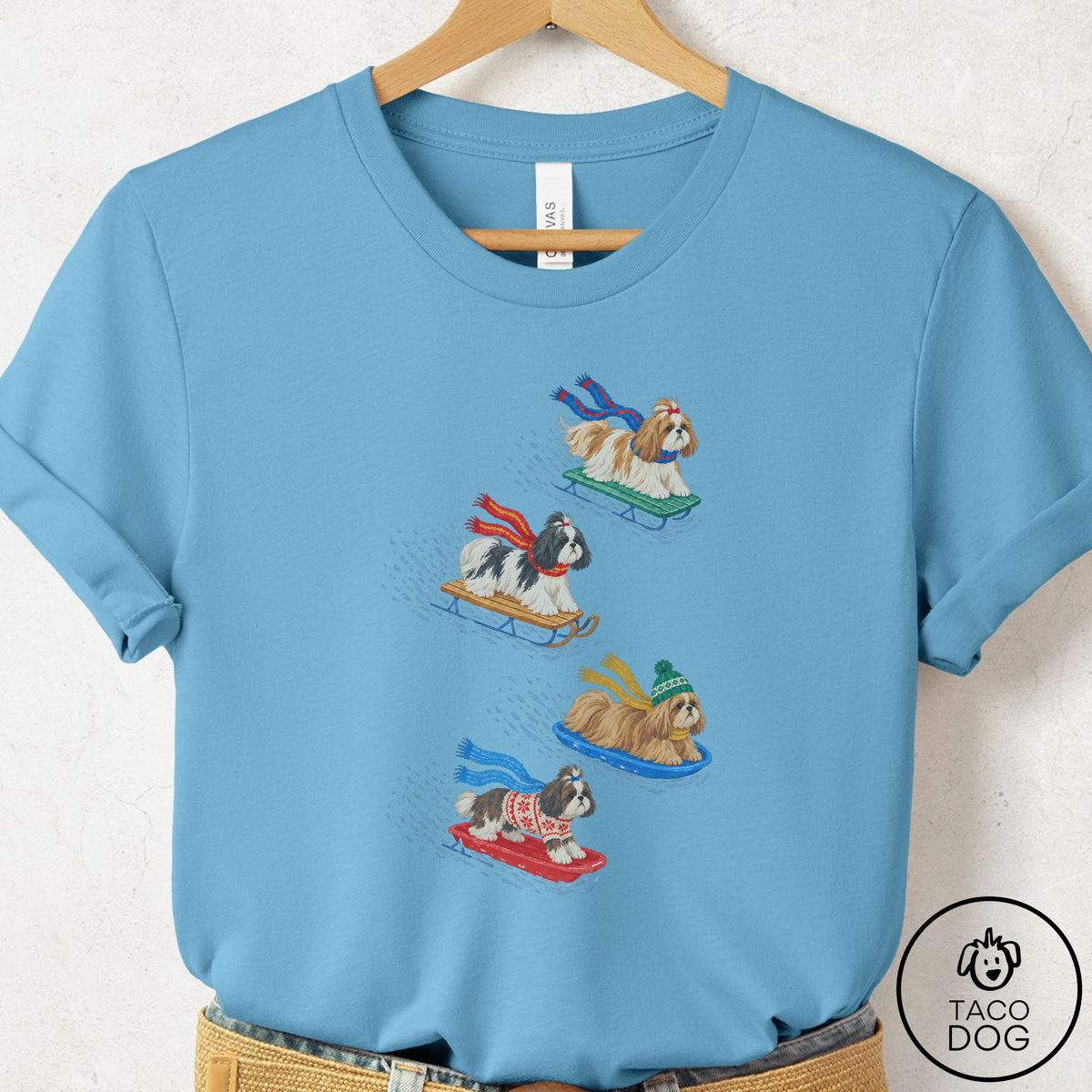 Shih Tzu Sledding T-Shirt Ocean Blue Taco-Dog