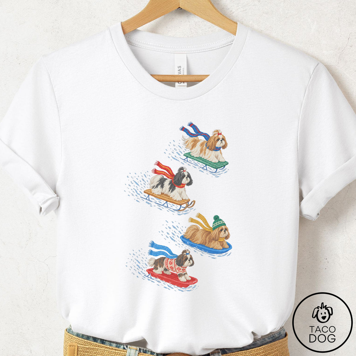 Shih Tzu Sledding T-Shirt, design close-up