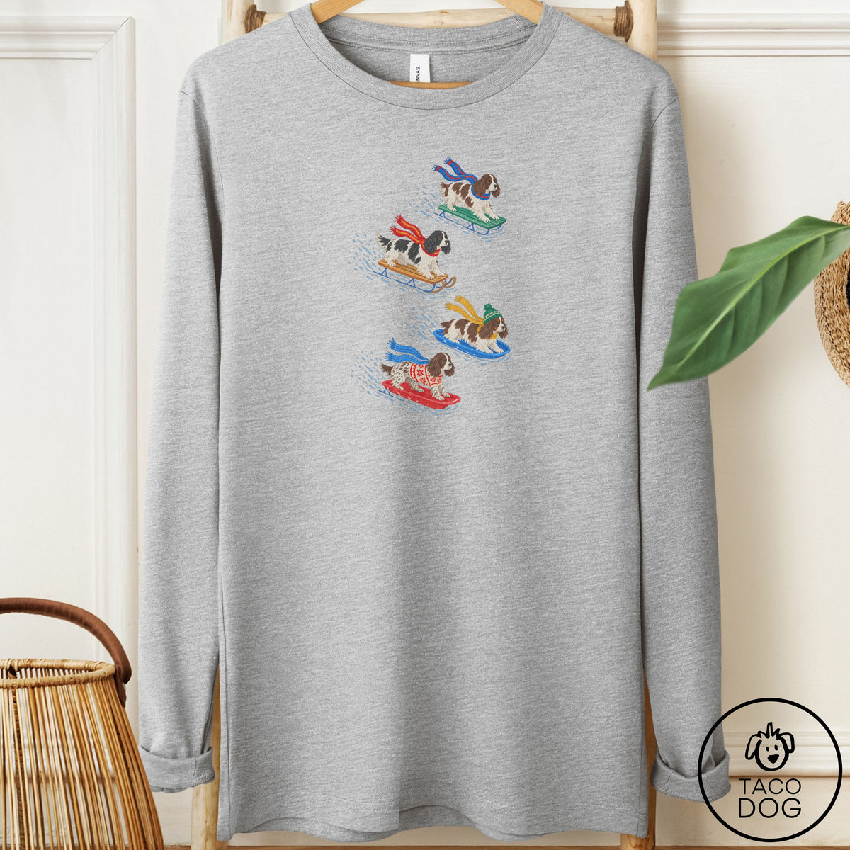 Springer Spaniel Sledding Long Sleeve Tee Athletic Heather Taco-Dog
