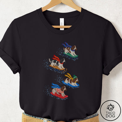 Springer Spaniel Sledding T-Shirt Black Taco-Dog