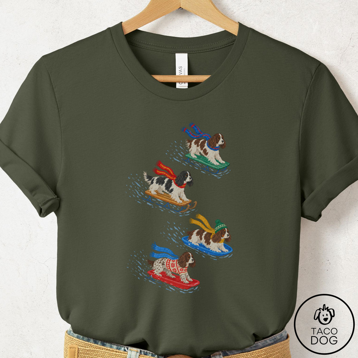 Springer Spaniel Sledding T-Shirt Military Green Taco-Dog