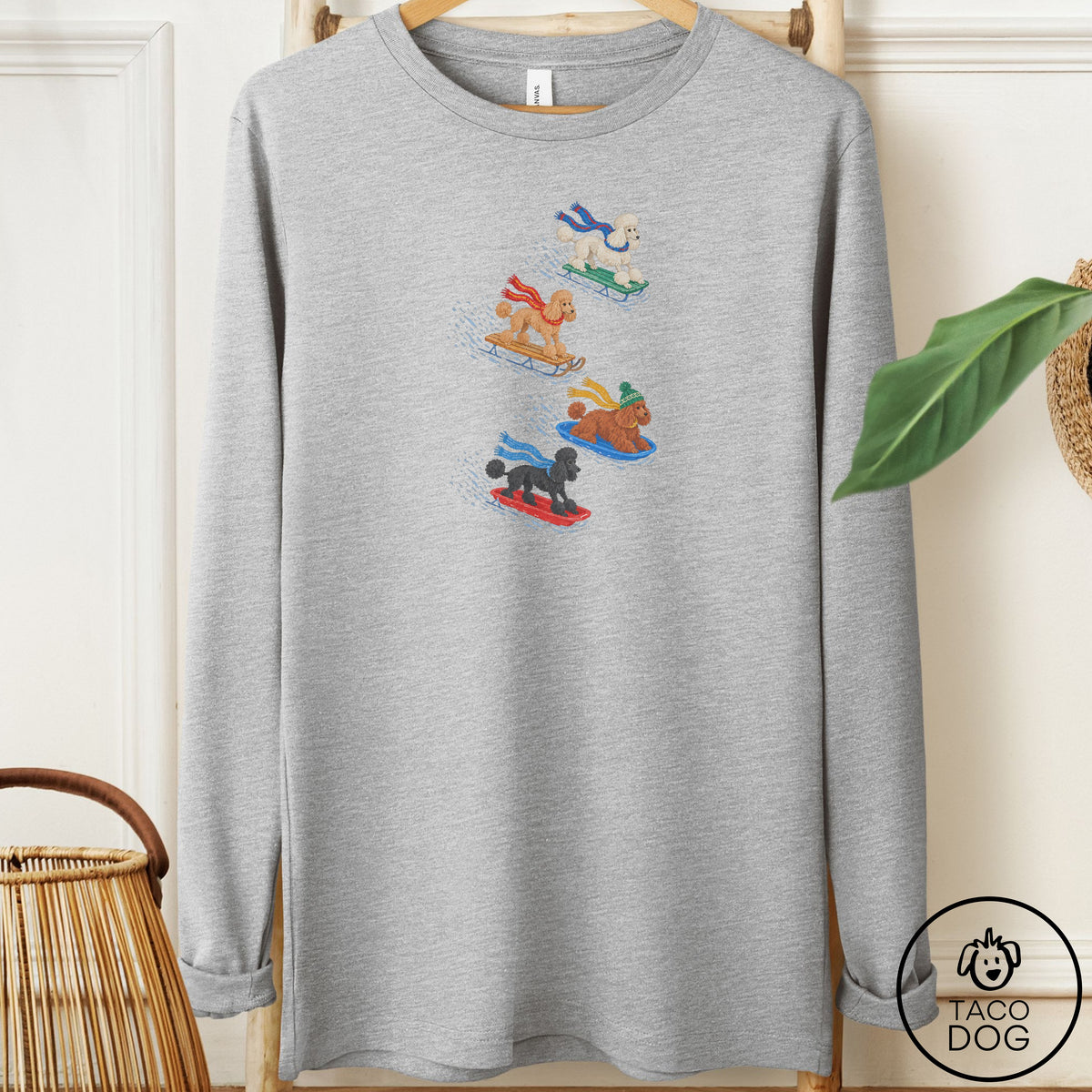 Poodle Sledding Long Sleeve Tee Athletic Heather Taco-Dog