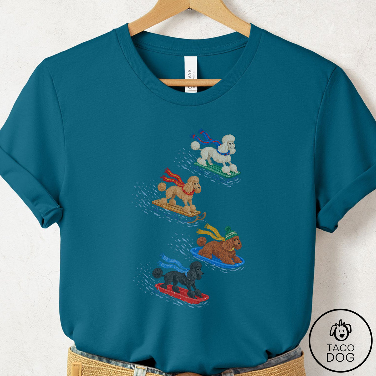 Poodle Sledding T-Shirt Deep Teal Taco-Dog