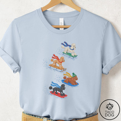 Poodle Sledding T-Shirt Light Blue Taco-Dog
