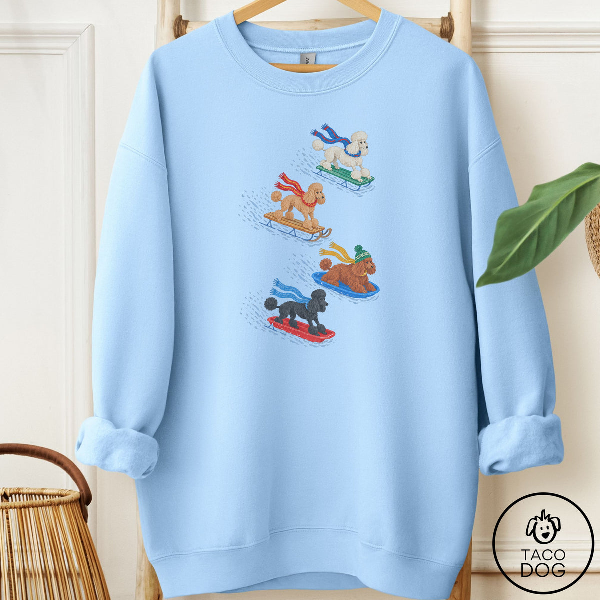 Poodle Sledding Sweatshirt Light Blue Taco-Dog
