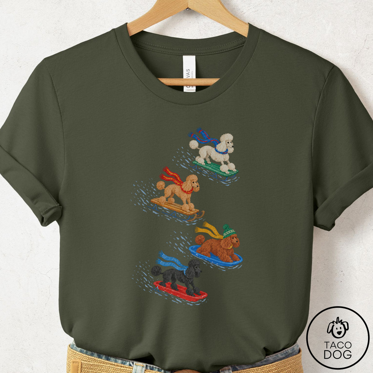 Poodle Sledding T-Shirt Military Green Taco-Dog