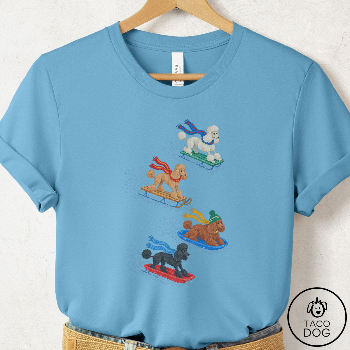 Poodle Sledding T-Shirt Ocean Blue Taco-Dog