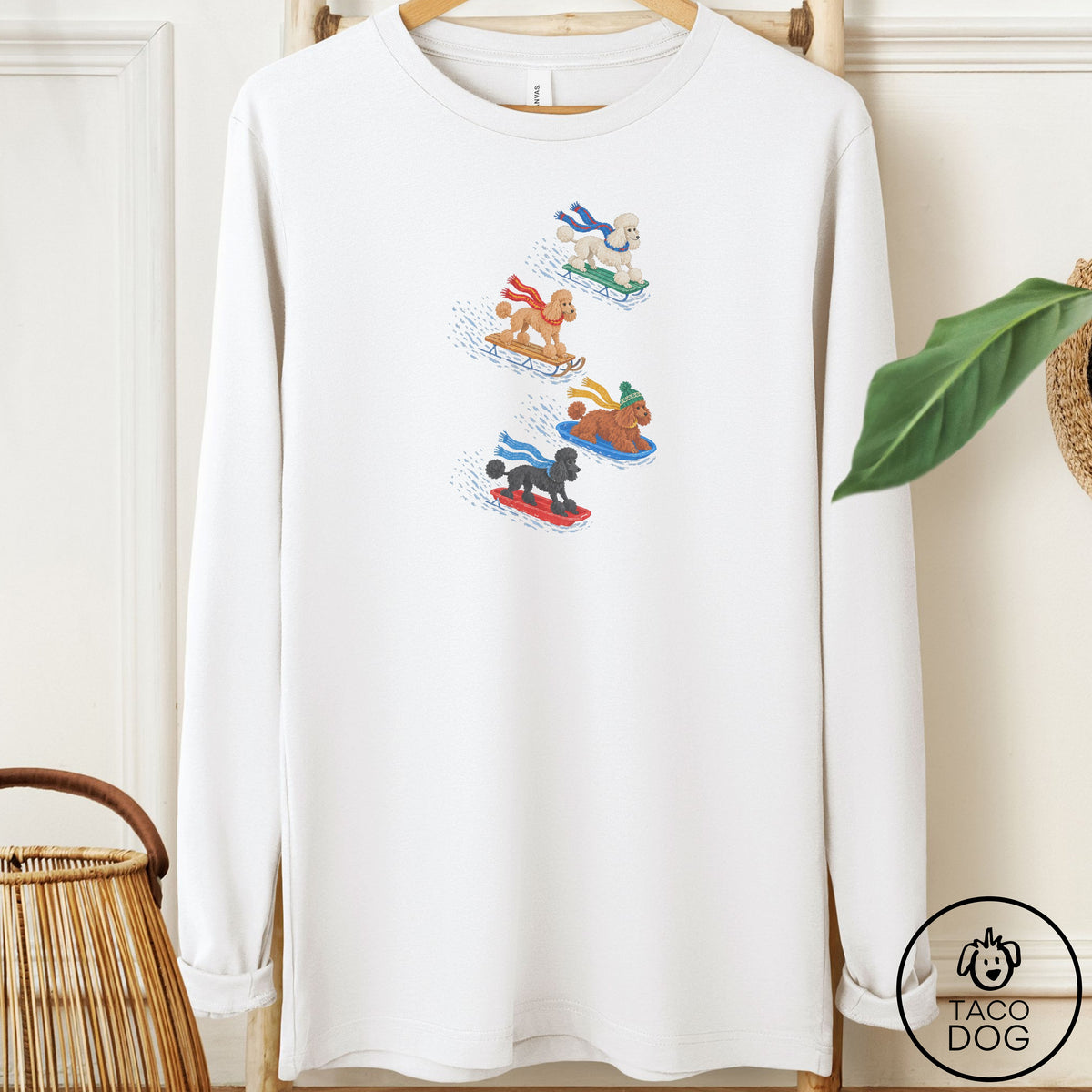 Poodle Sledding Long Sleeve Tee White Taco-Dog