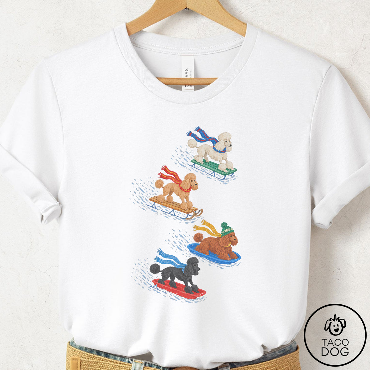 Poodle Sledding T-Shirt White Taco-Dog
