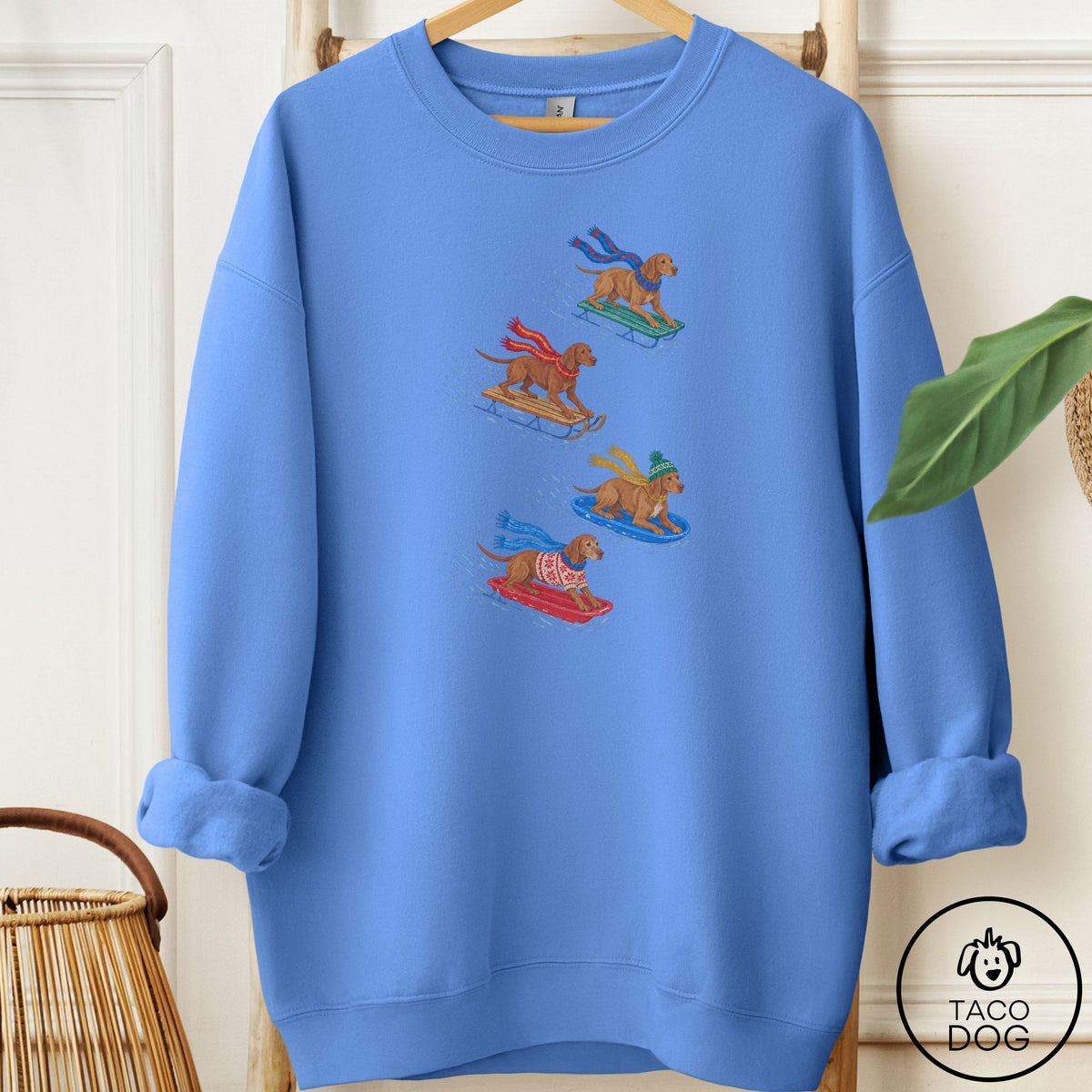 Vizsla Sledding Sweatshirt Carolina Blue Taco-Dog