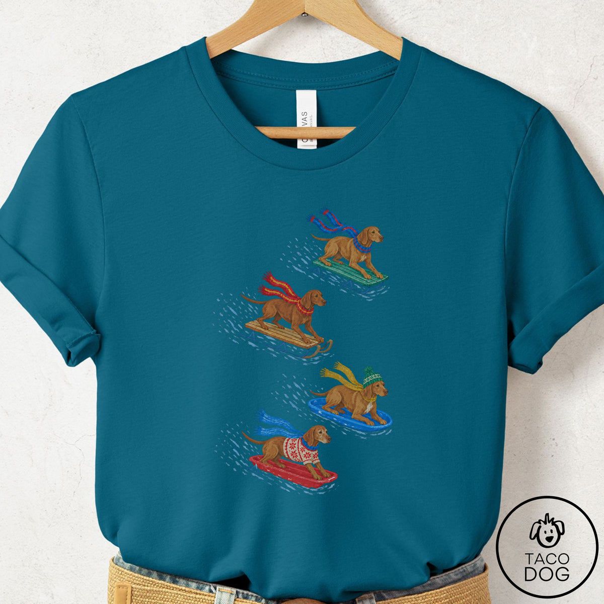 Vizsla Sledding T-Shirt Deep Teal Taco-Dog