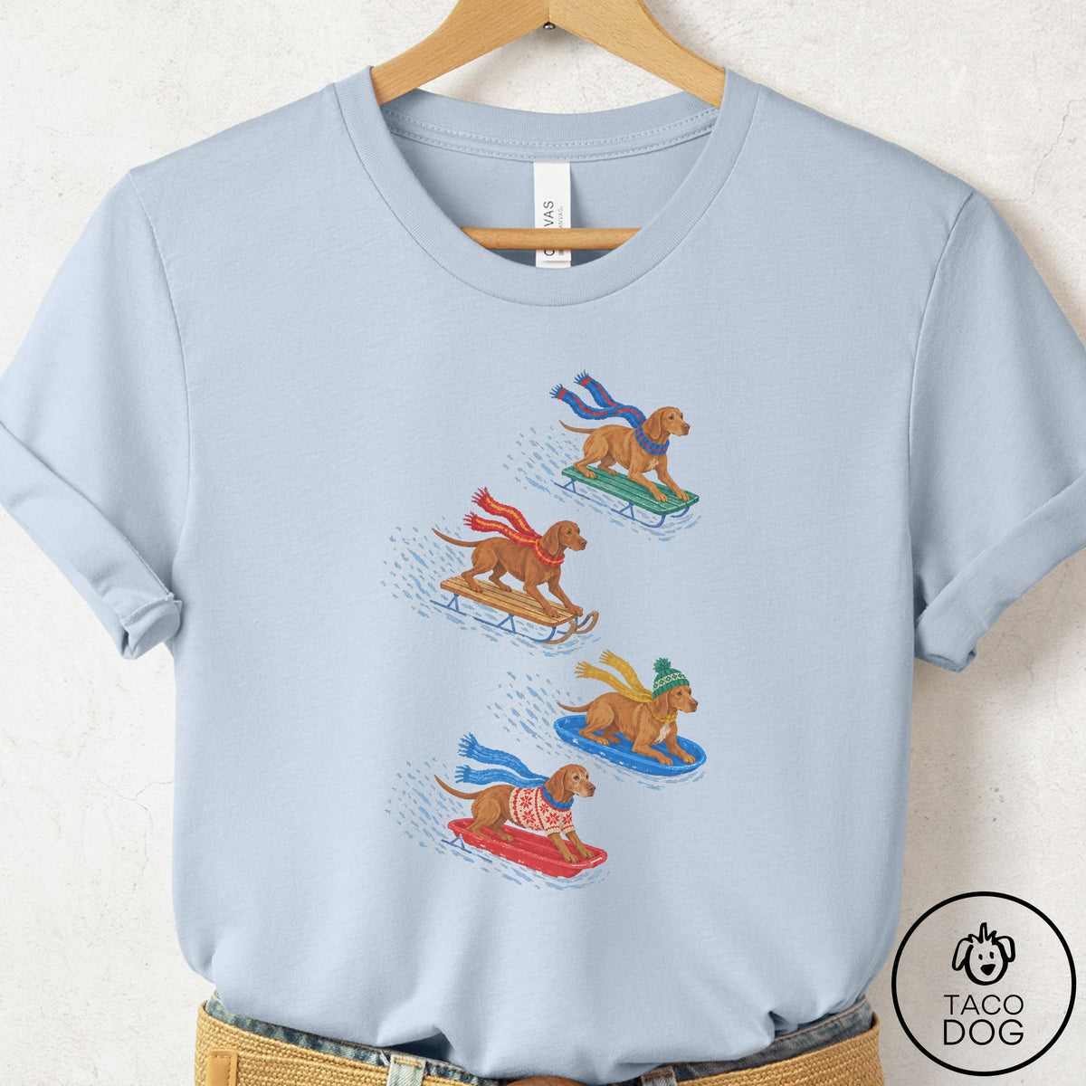 Vizsla Sledding T-Shirt Light Blue Taco-Dog