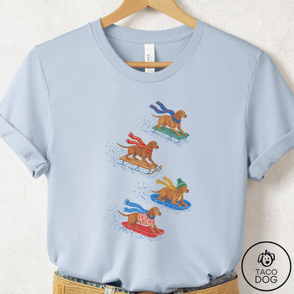 Vizsla Sledding T-Shirt Light Blue Taco-Dog