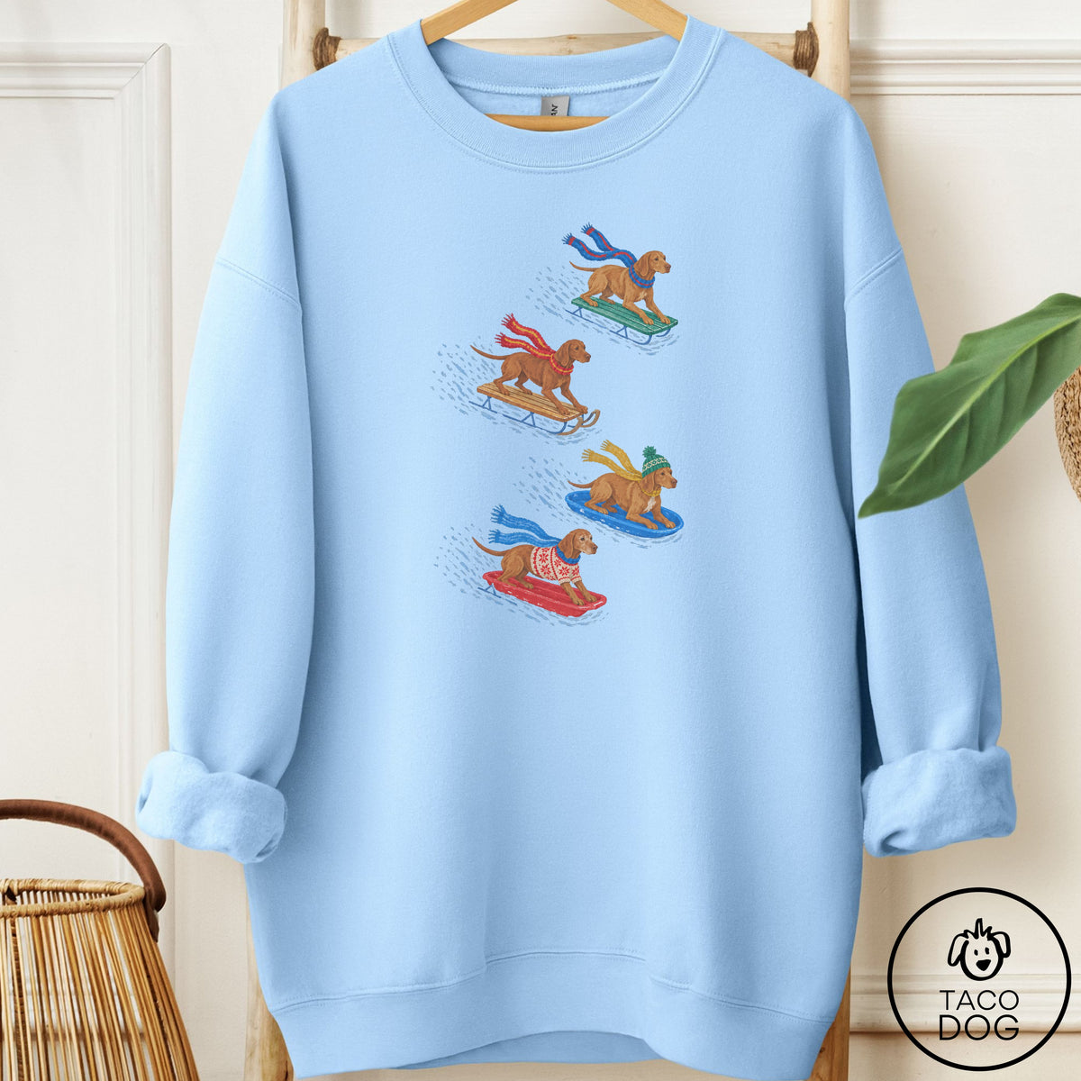 Vizsla Sledding Sweatshirt Light Blue Taco-Dog