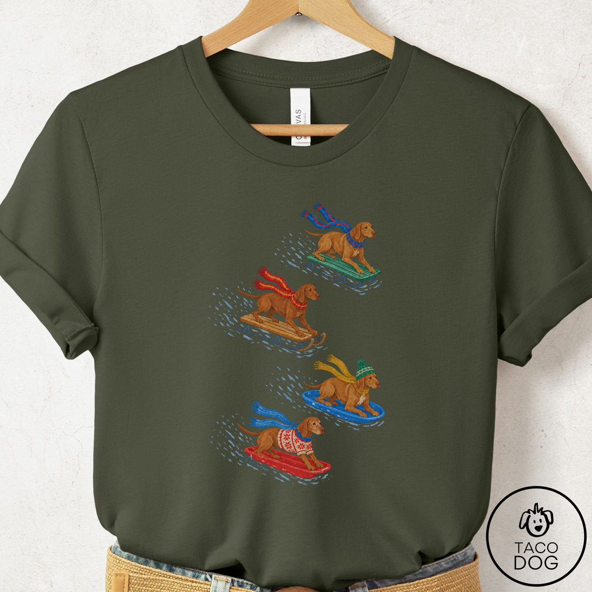 Vizsla Sledding T-Shirt Military Green Taco-Dog