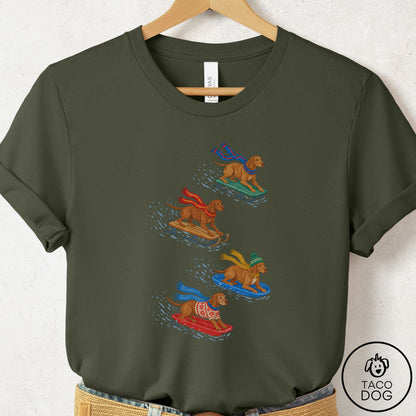 Vizsla Sledding T-Shirt Military Green Taco-Dog